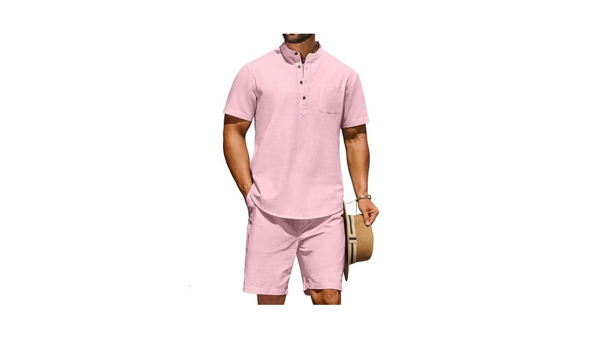 Coofandy Men's Two Pieces Cotton Linen Set Henley Shirt Short