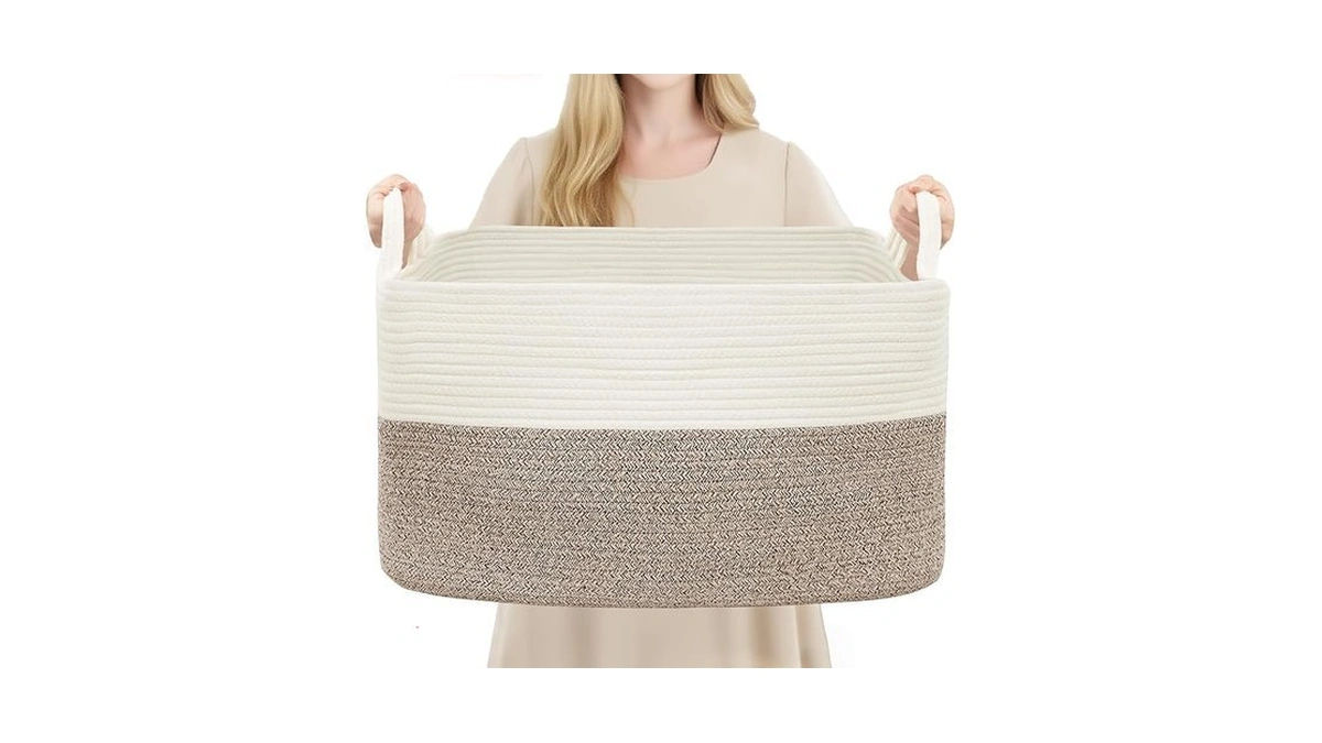 Youdenova Nursery Storage Basket，21.6''×14.9''×11.8'' Rectangle Cotton Rope Blanket Basket, Nursery