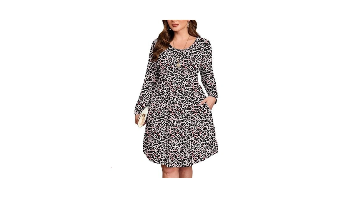 Auslook Women's Plus Size Long Sleeve Midi Dress Crewneck Casual