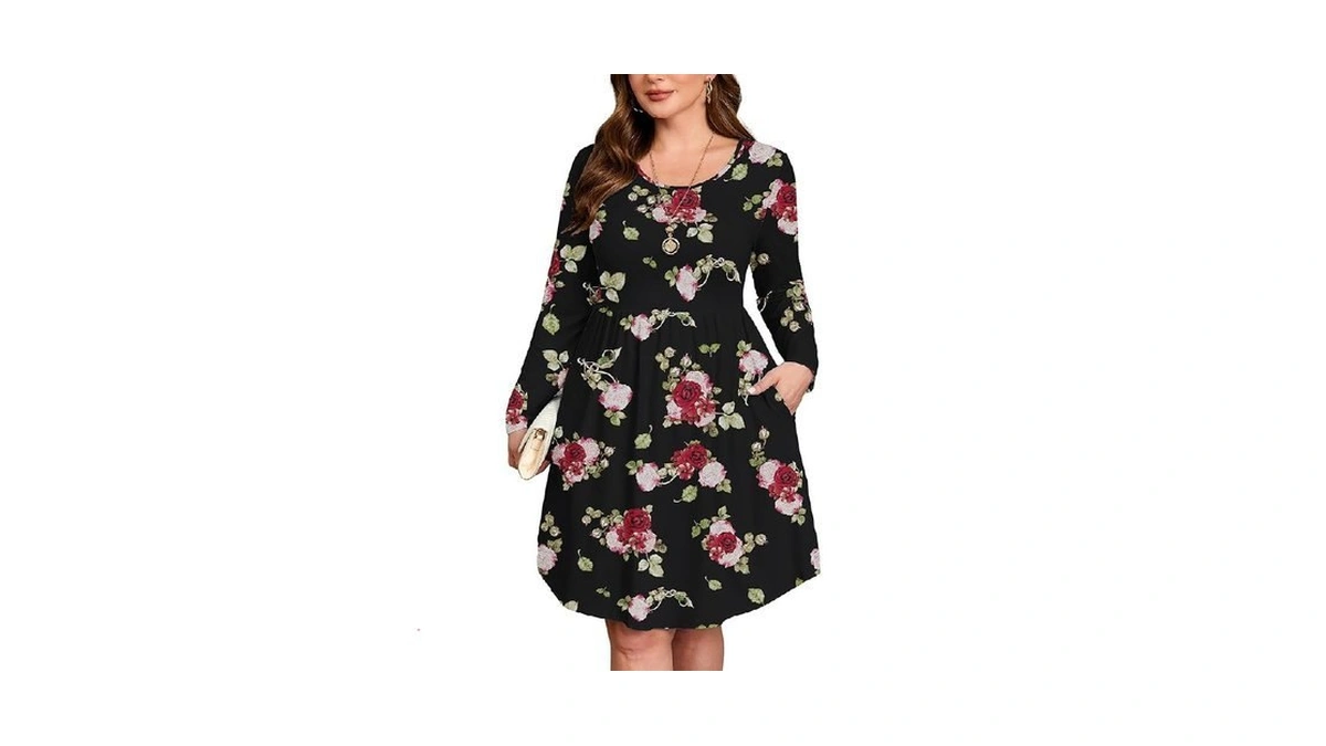 Auslook Women's Plus Size Long Sleeve Midi Dress Crewneck Casual