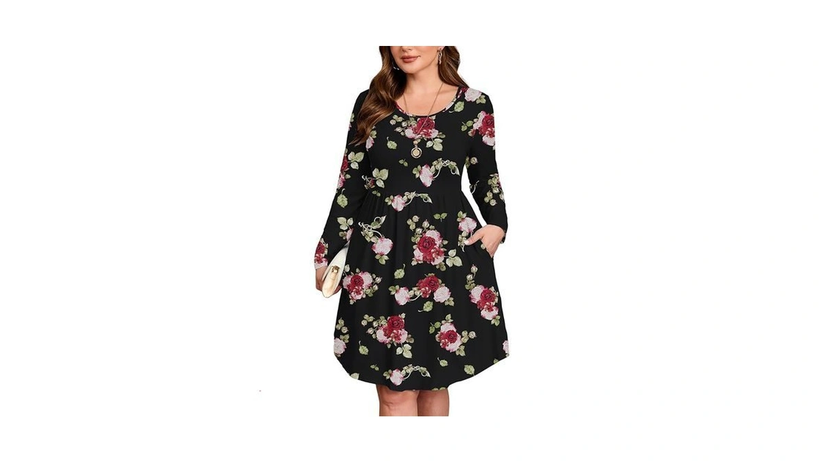 Auslook Women's Plus Size Long Sleeve Midi Dress Crewneck Casual