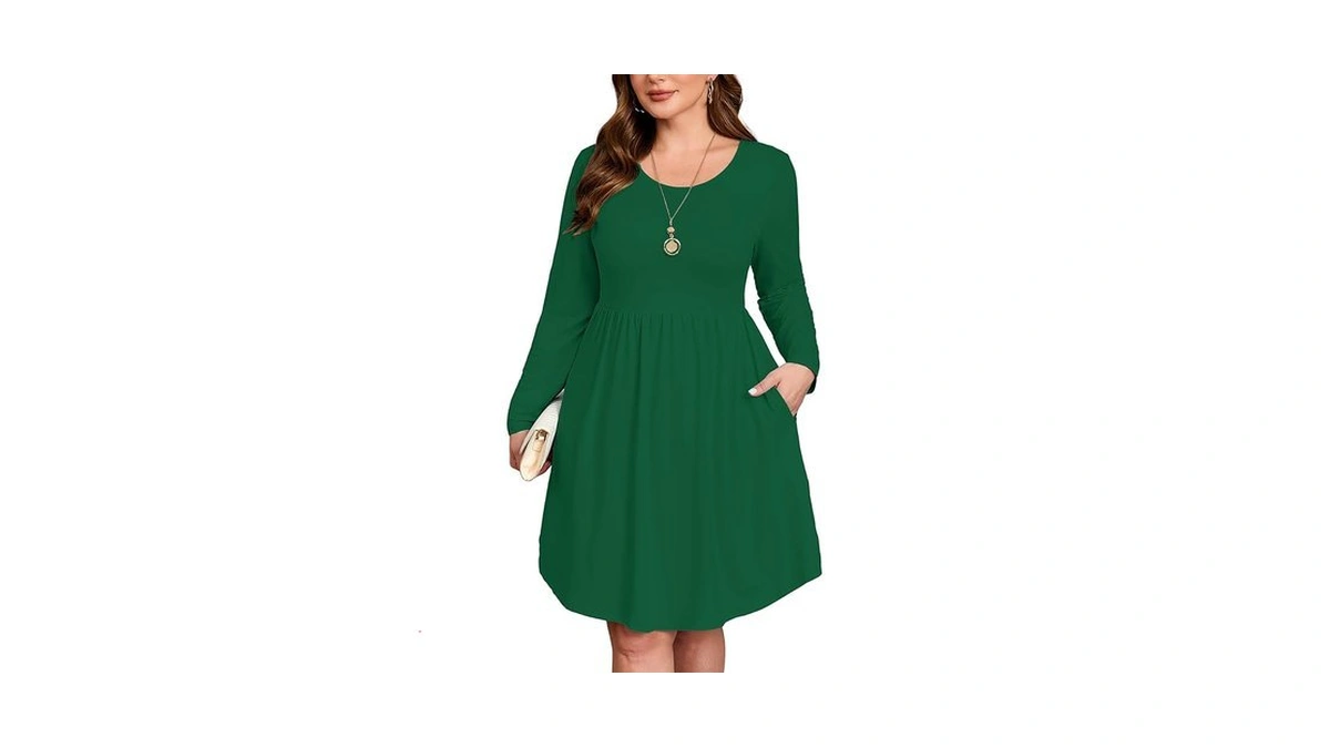 Auslook Women's Plus Size Long Sleeve Midi Dress Crewneck Casual