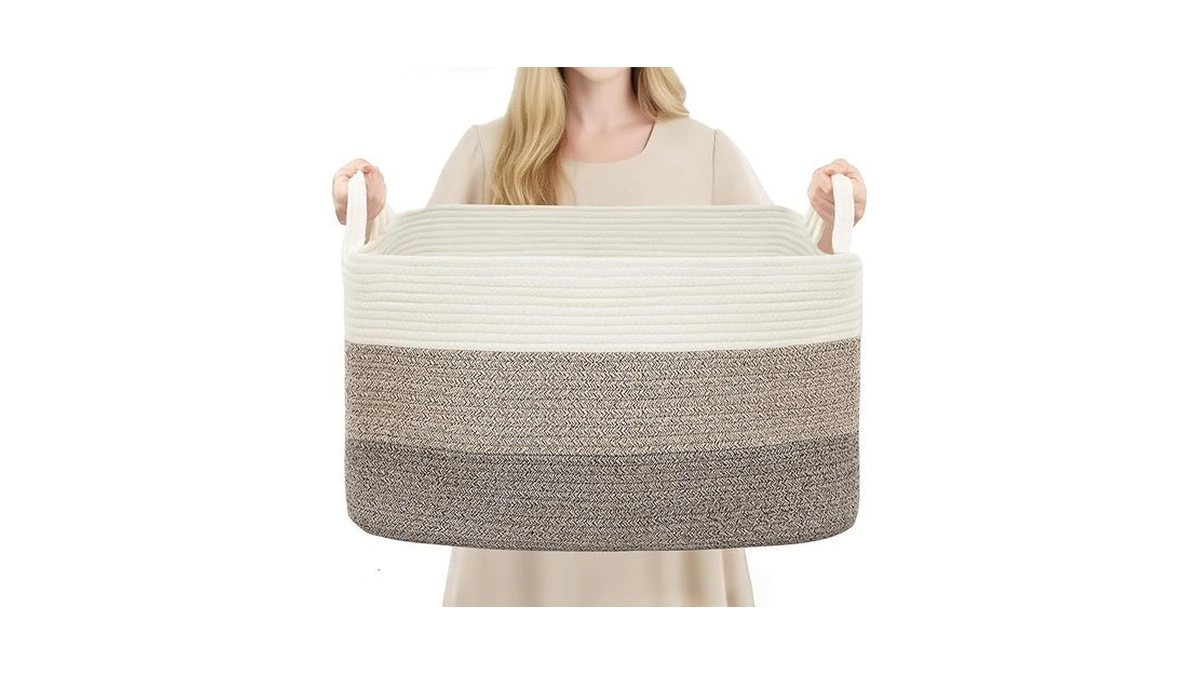 Youdenova Nursery Storage Basket,21.6''×14.9''×11.8'' Rectangle Cotton Rope Blanket Basket, Nursery