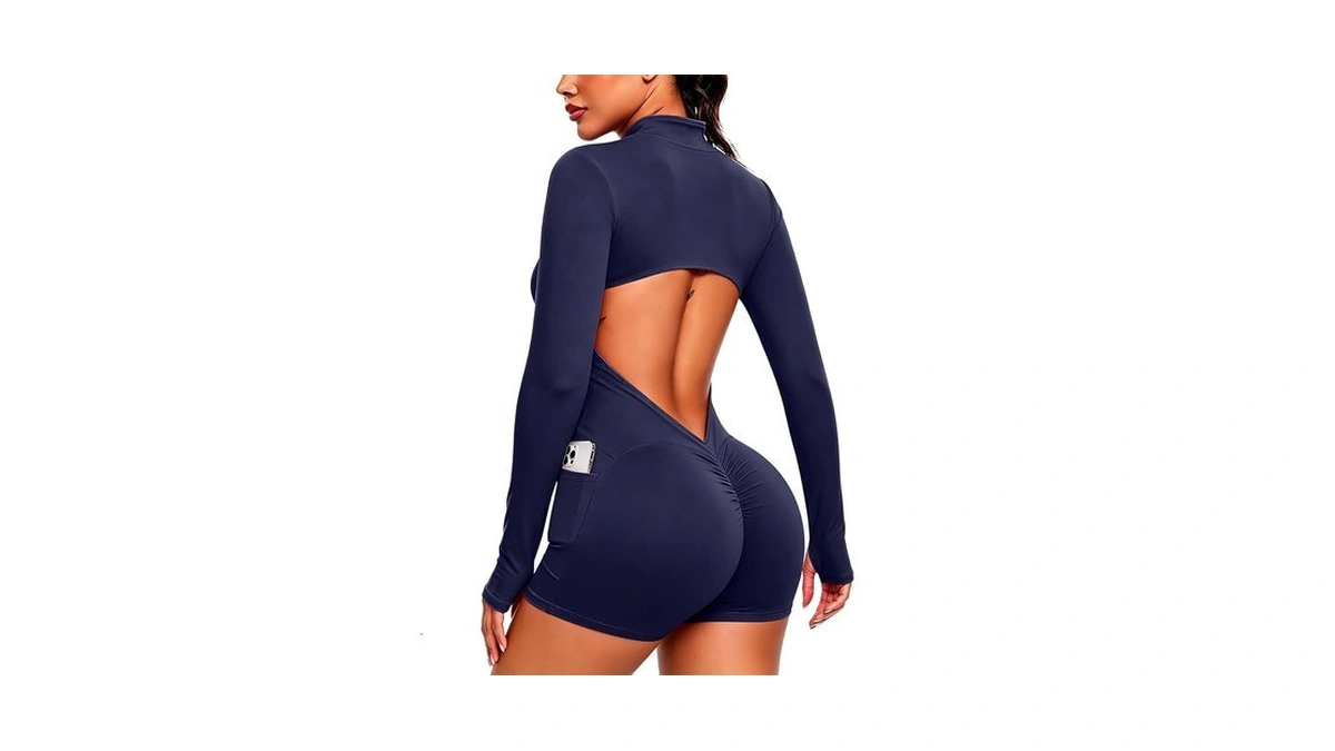 Seasum Women's Gym Romper Long Sleeve Backless Workout Bodysuit Side