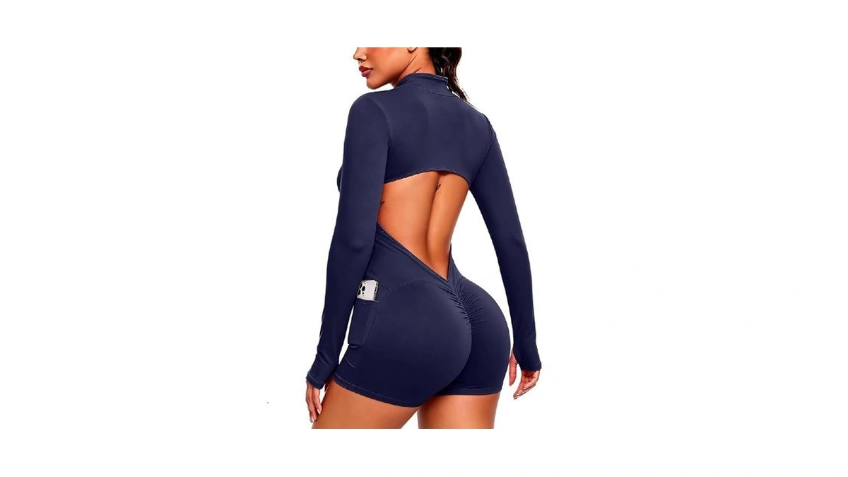 Seasum Women's Gym Romper Long Sleeve Backless Workout Bodysuit Side
