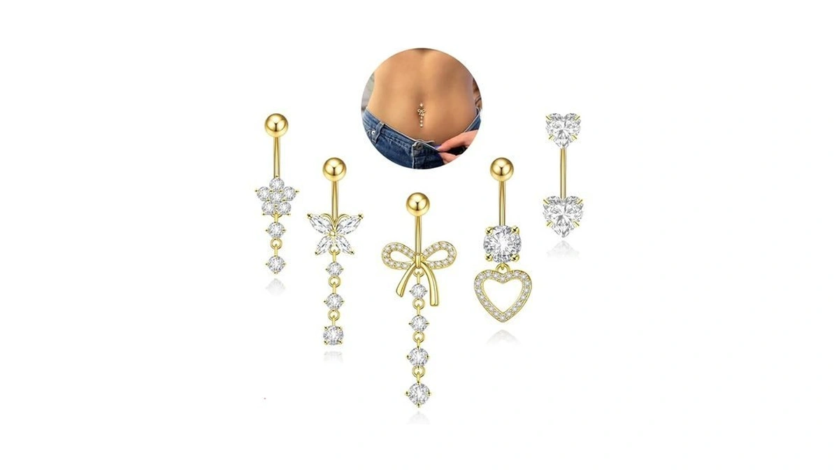 Nelytiya 5pcs Gold Belly Button Ring Dangle Cute Surgical Steel