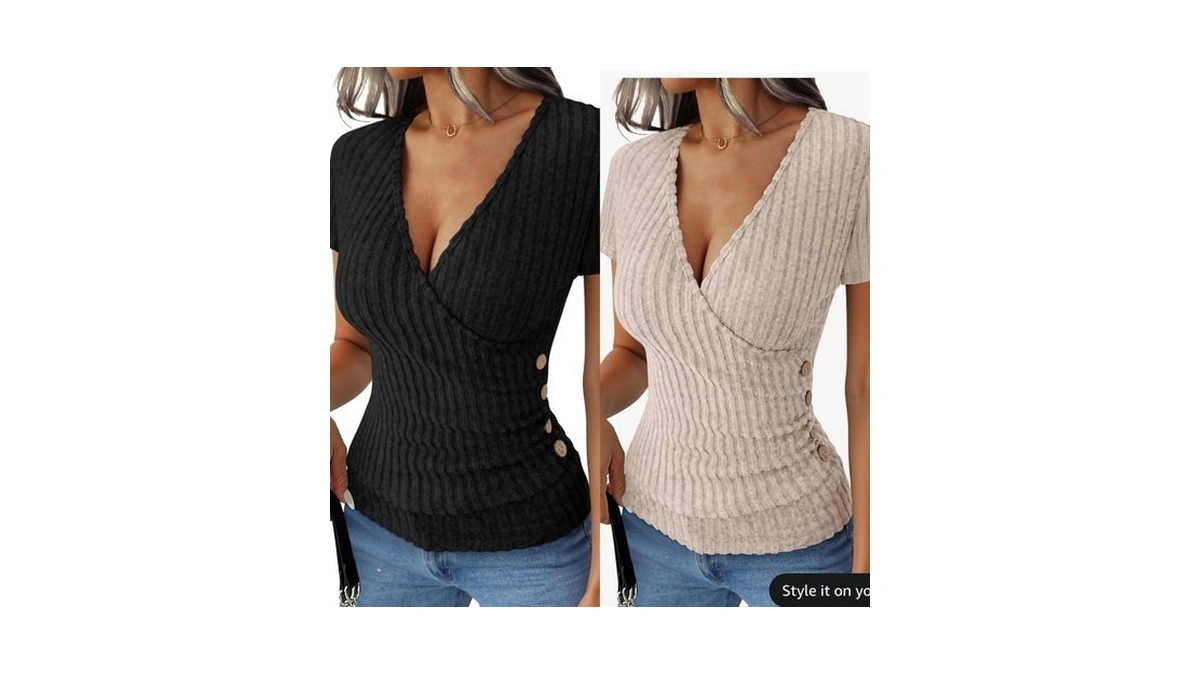 Anrabess Shirts For Women V Neck Short Sleeve Sexy Top