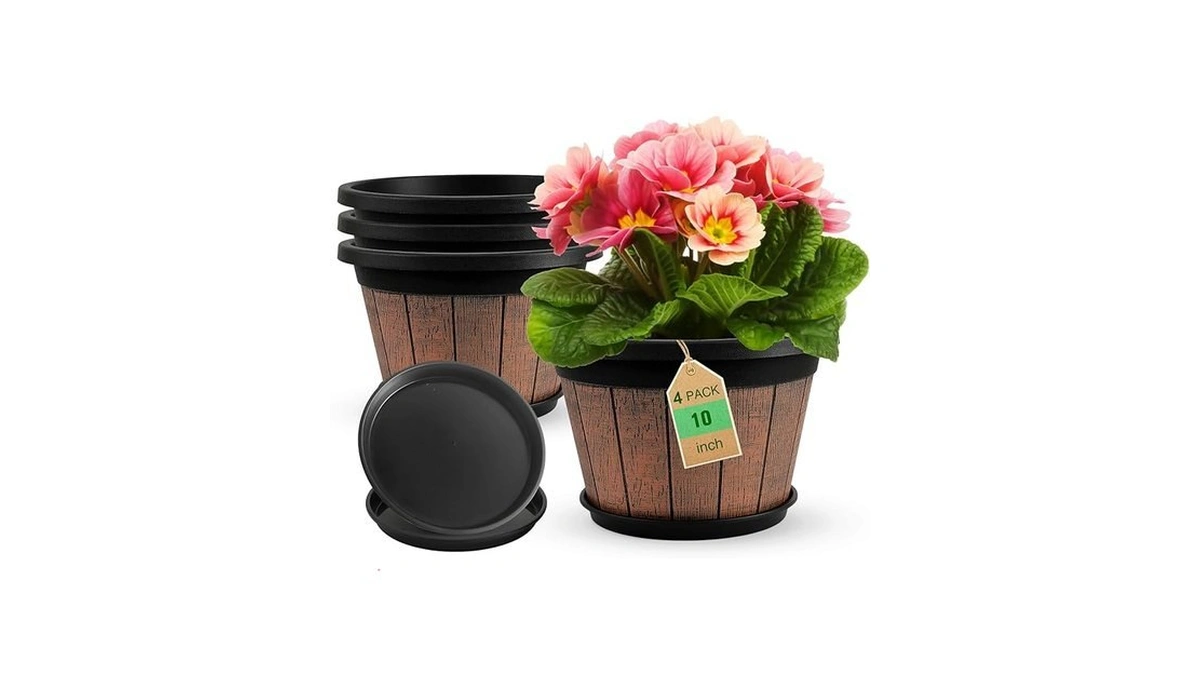 Quarut 4 Pack 10 Inch Plant Pots,upgrade Whiskey Barrel Planters