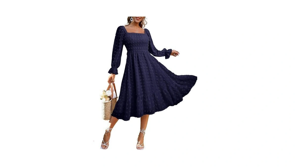 Amegoya Women's Fall Long Sleeve Midi Dress Flowy Square Neck