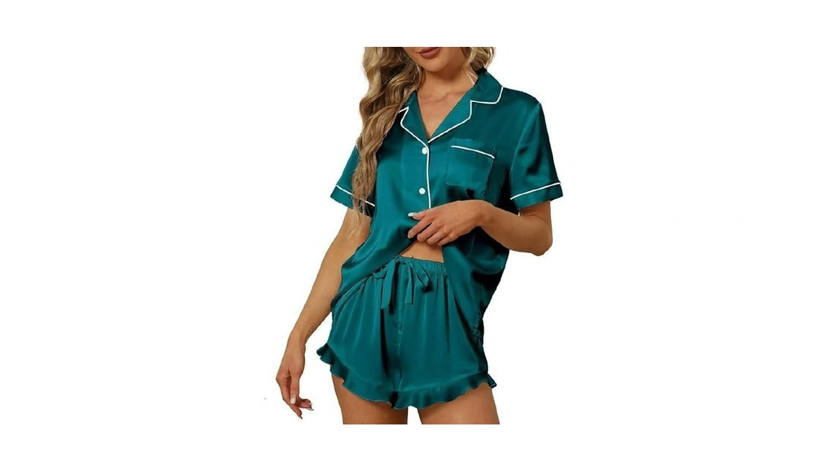 Sapjon Satin Silk Pajamas For Women 2pcs Ruffle Notch Collar