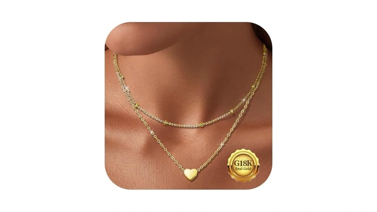 Kenivira Dainty Layered Gold Heart Necklaces For Women Cute 18k