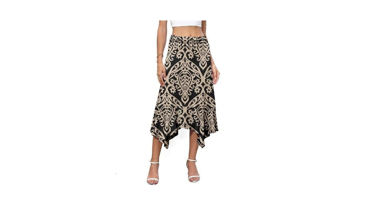 Niloufo Womens Flowy High Waisted Midi Skirt, Asymmetrical Handkerchief Hem
