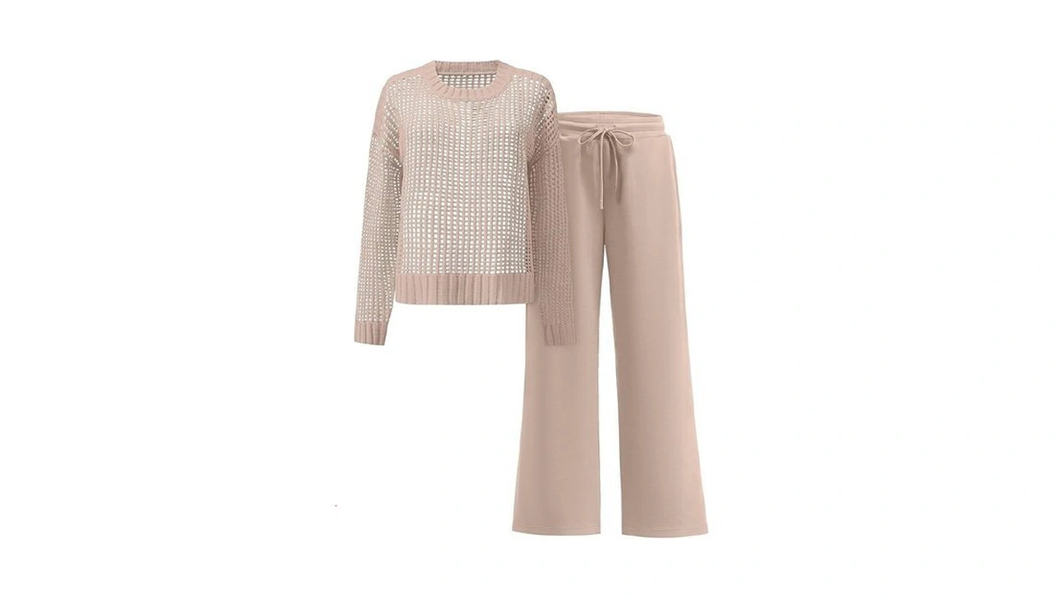Anrabess Womens 2 Piece Outfits Crochet Sheer Knit Sweater Top