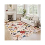 Arkiiki 5x7 Scalloped Beige Washable Rug For Living Room, Floral