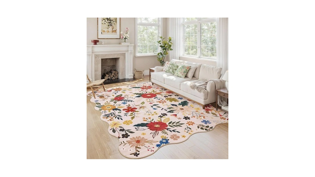 Arkiiki 5x7 Scalloped Beige Washable Rug For Living Room, Floral