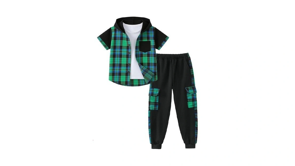 Auiopila Kids Boy Clothes Plaid Hooded Short-sleeved Shirt Top And