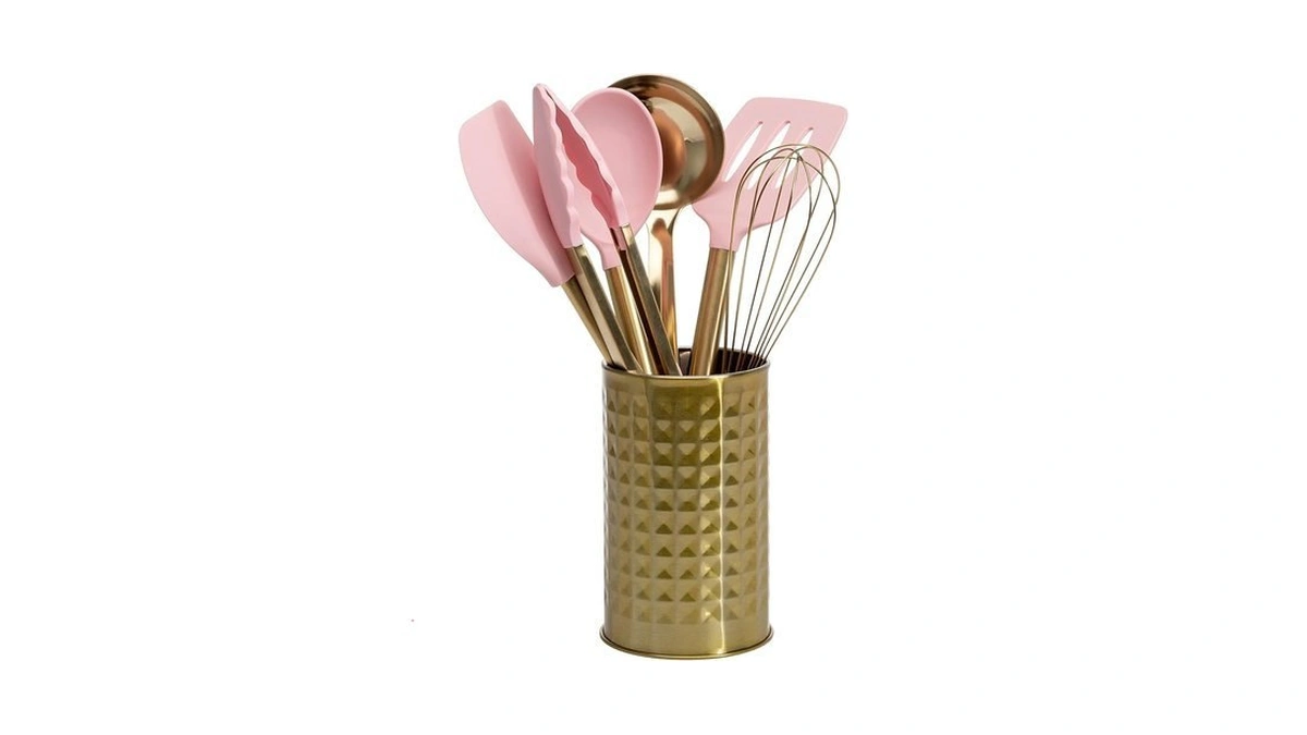 Paris Hilton Kitchen Set Tool Crock With Silicone Cooking Utensils,