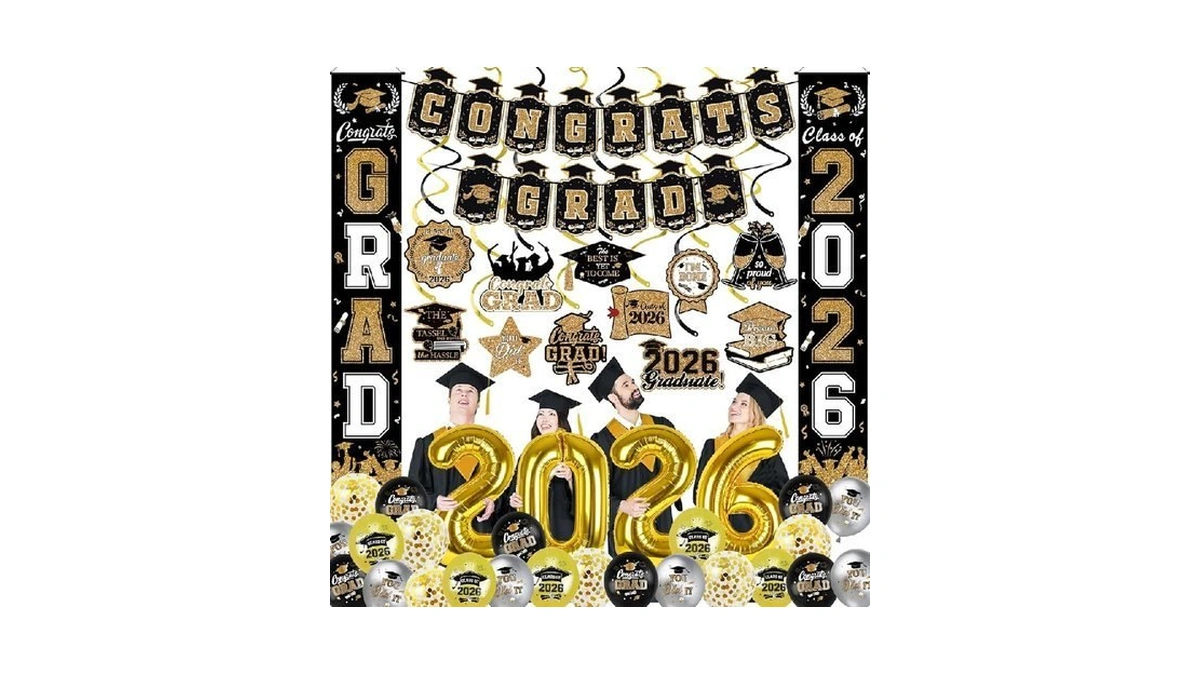 38pcs Black And Gold 2026 Graduation Decorations Set - Congrats