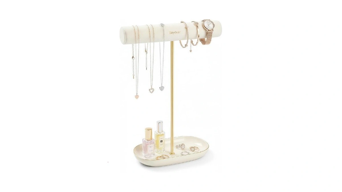 Saydear Velvet Jewelry Organizer Stand, T-bar Necklace Holder With Ceramic