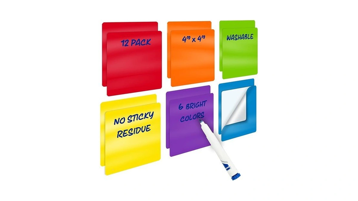 12 Pack Dry Erase Stickers, 4" X 4" Size, Assorted