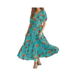 Yesno Women's Summer Maxi Dresses Casual Puff Sleeves V Neck