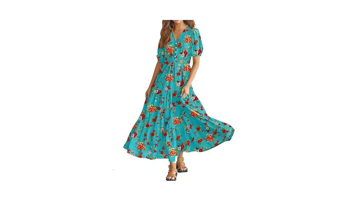 Yesno Women's Summer Maxi Dresses Casual Puff Sleeves V Neck