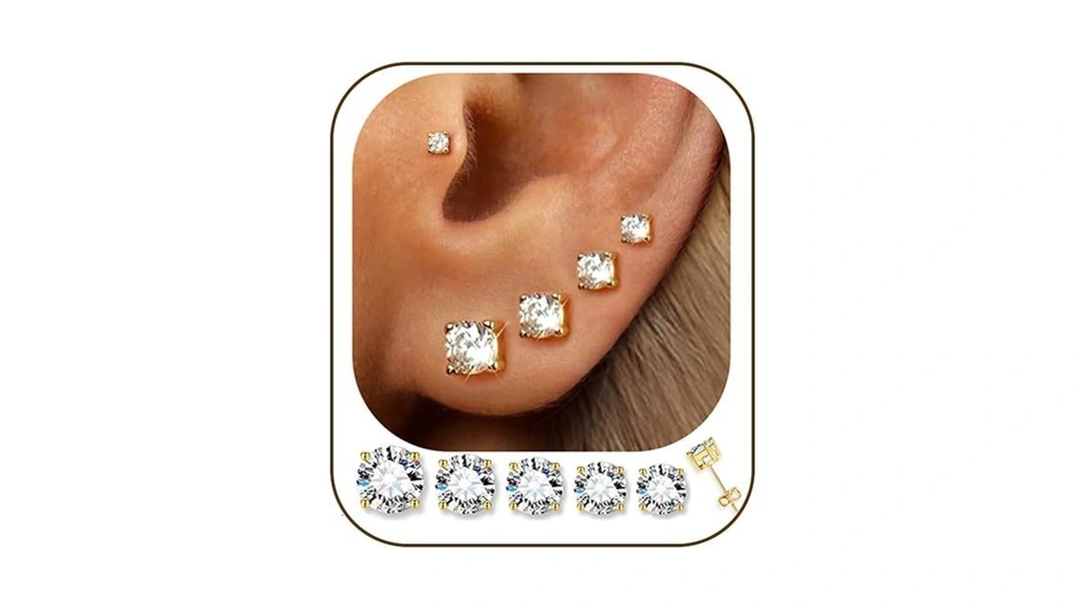 5 Pairs 14k Gold Plated Stud Earrings For Women, Hypoallergenic
