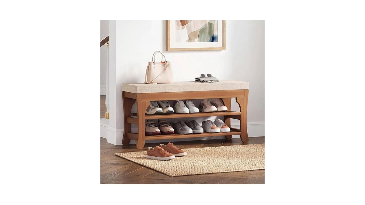 Petkaboo 27.6" Shoe Storage Bench With Cushion, Bamboo Shoe Rack