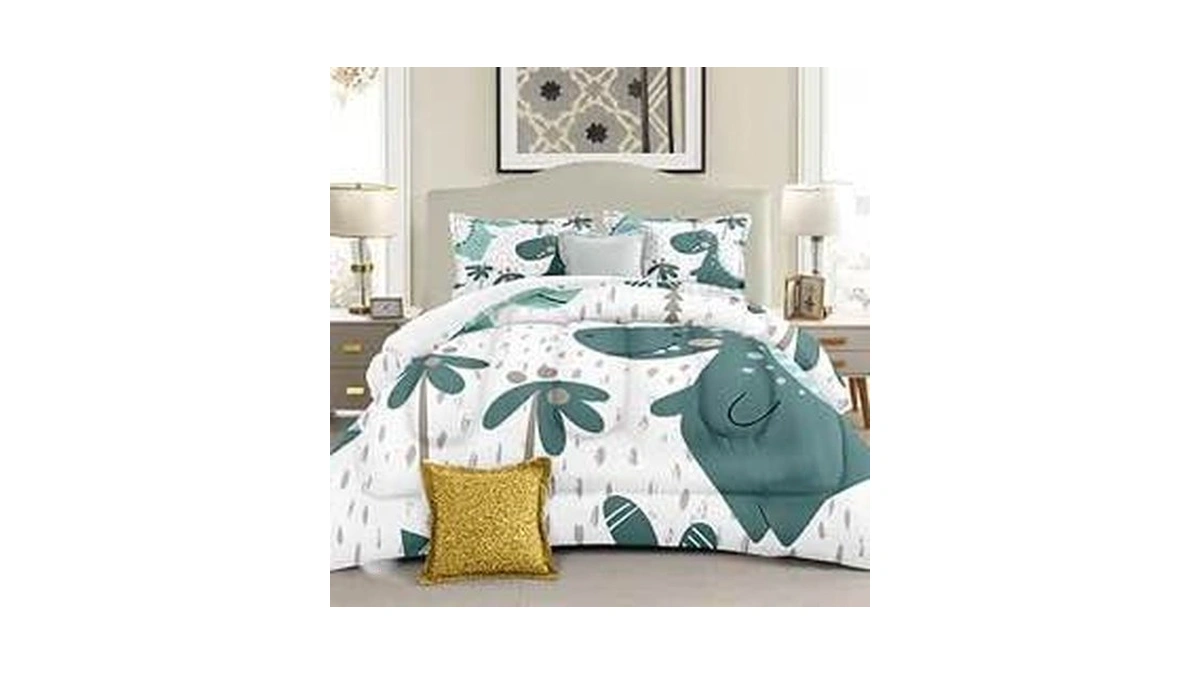 Suklly Cartoon Dinosaur Comforter Set Queen Green 3 Pieces Microfiber