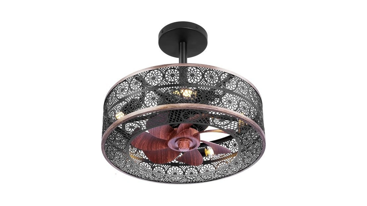Redstar Small Caged Ceiling Fans With Lights, Black Industrial Ceiling