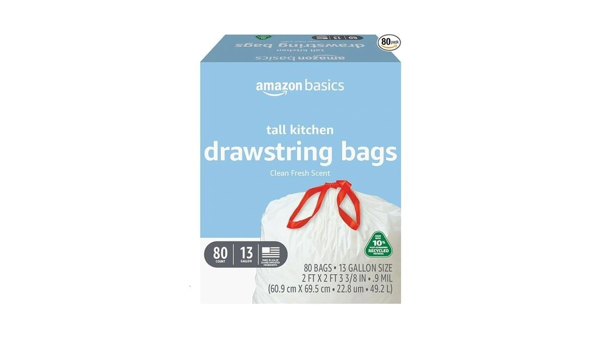 Amazon Basics 13 Gallon Tall Kitchen Drawstring Trash Bags, Clean