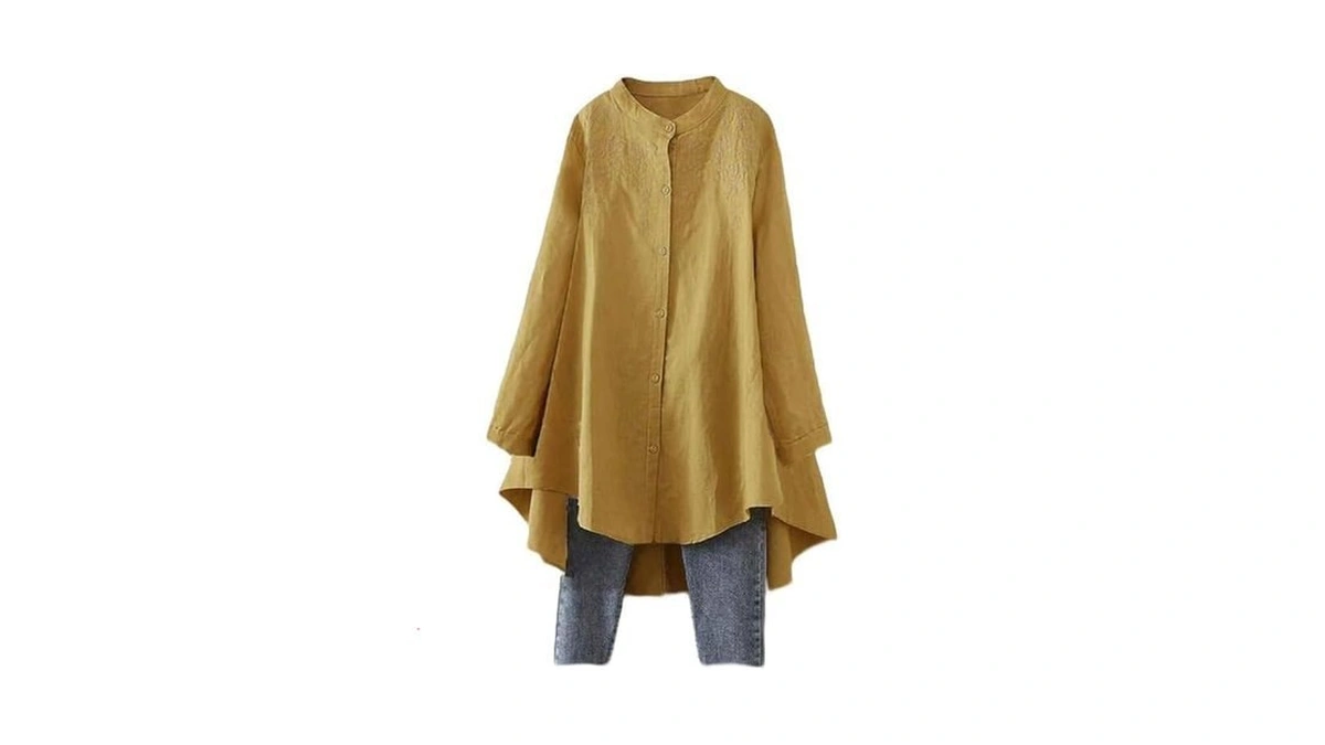 Minibee Women's Cotton Linen Shirt High Low Button Down Embroidered