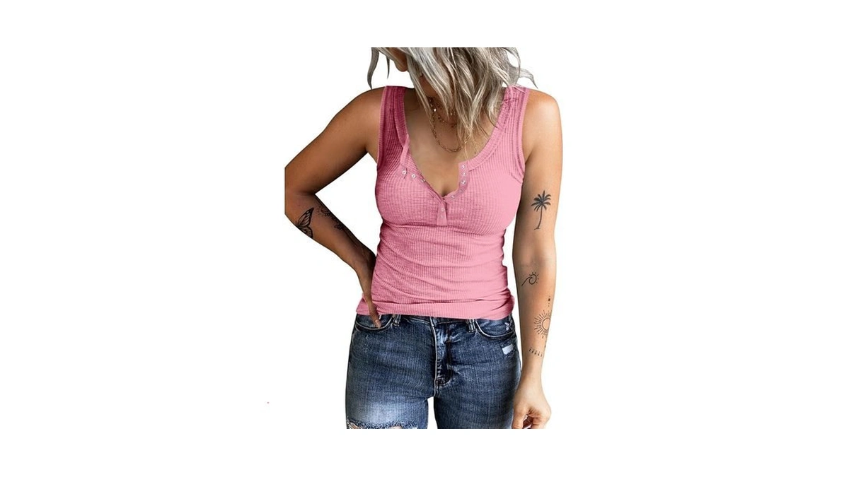 Kinlonsair Women's Sleeveless Henley Tank Tops Summer Ribbed Button Down