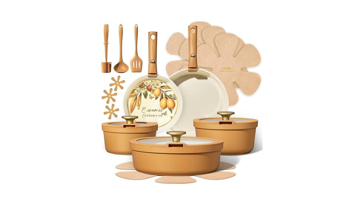 Carote 20pcs Ceramic Cookware Set With Detachable Handles, Pots And