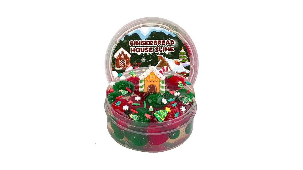 Gingerbread House Green & Red Pom-poms Clear Slime, Slimes Party
