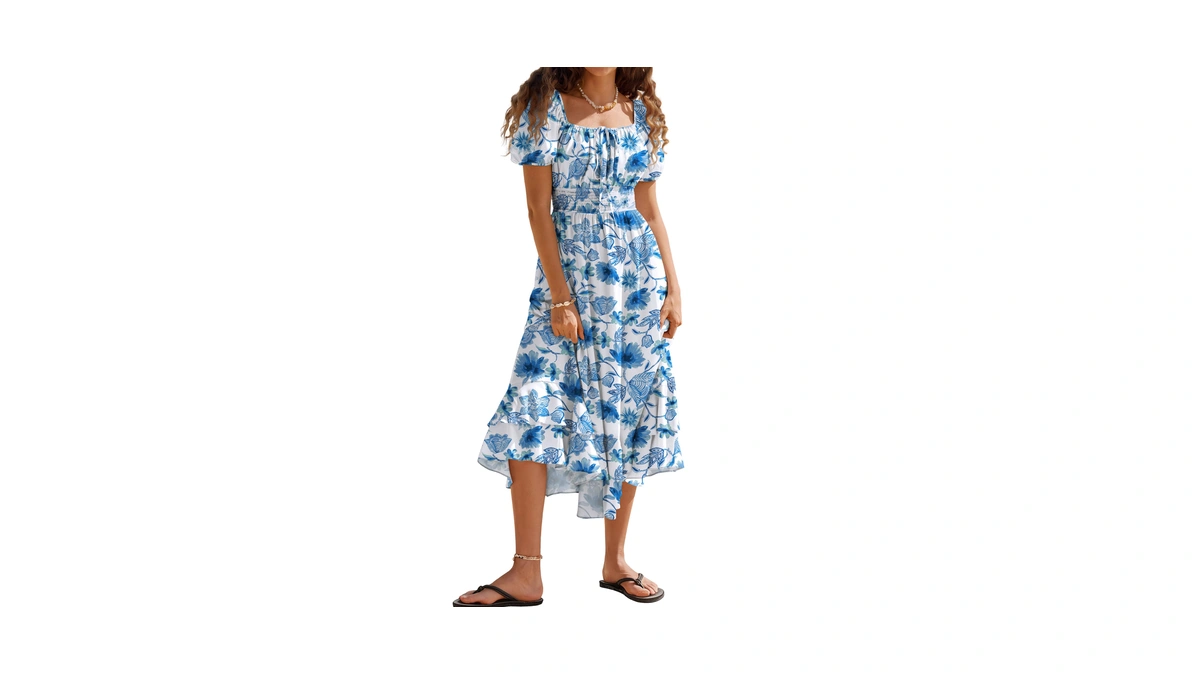 Plus Size Summer Dresses, Maxi Square Neck Floral Casual Dress,