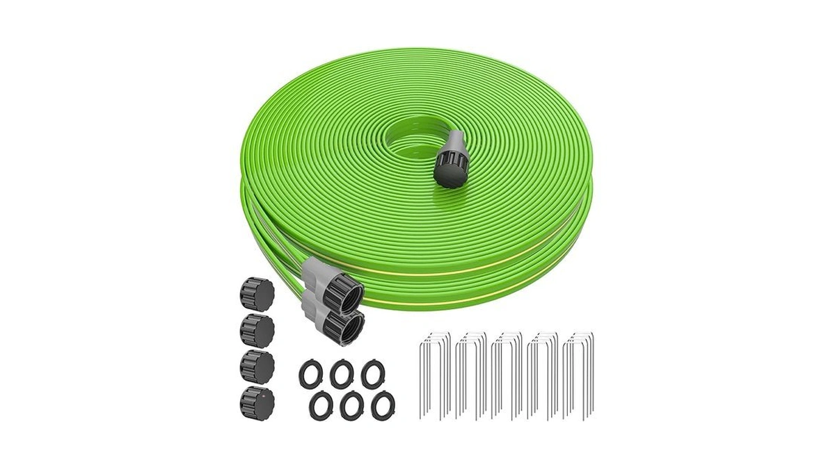 Oursieez 100ft Sprinkler Hose With Stakes, 2-in-1 Flat Soaker Hose