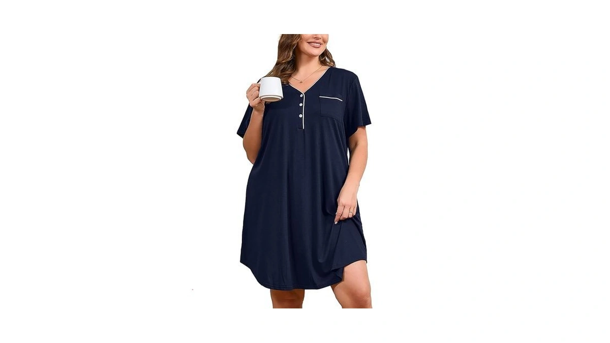 Auslook Plus Size Navy Blue Nightgown For Women Midi Sleep