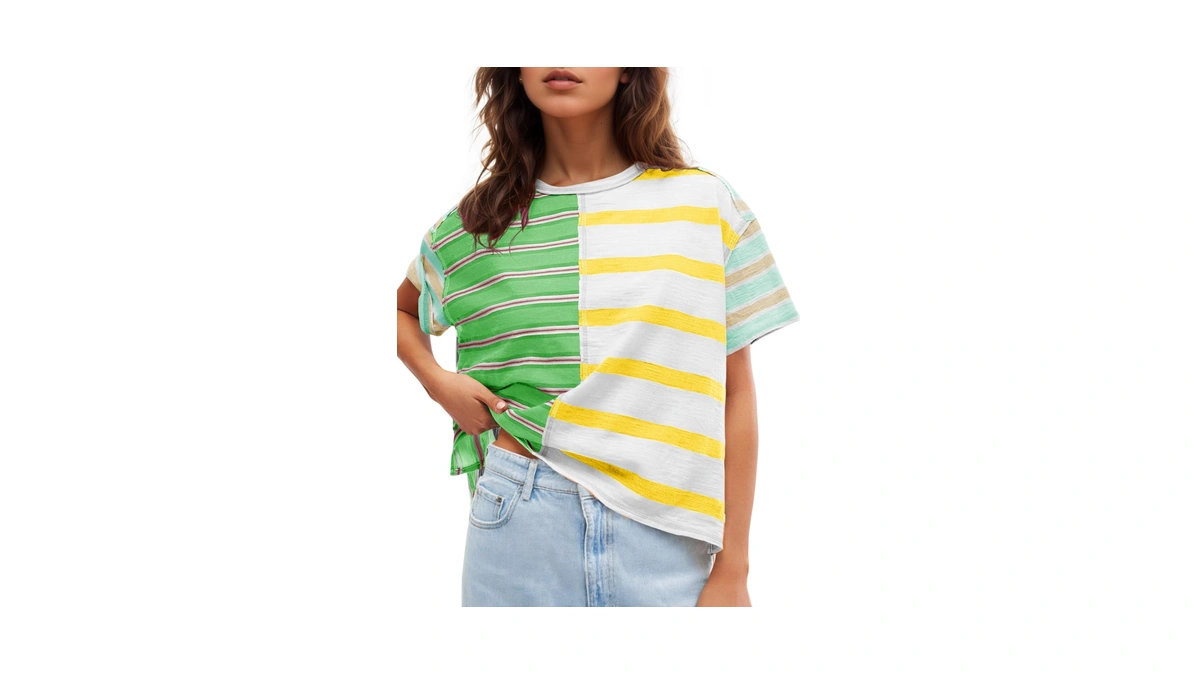 Tankaneo Womens Summer Striped Shirts Casual Color Block Short Sleeve