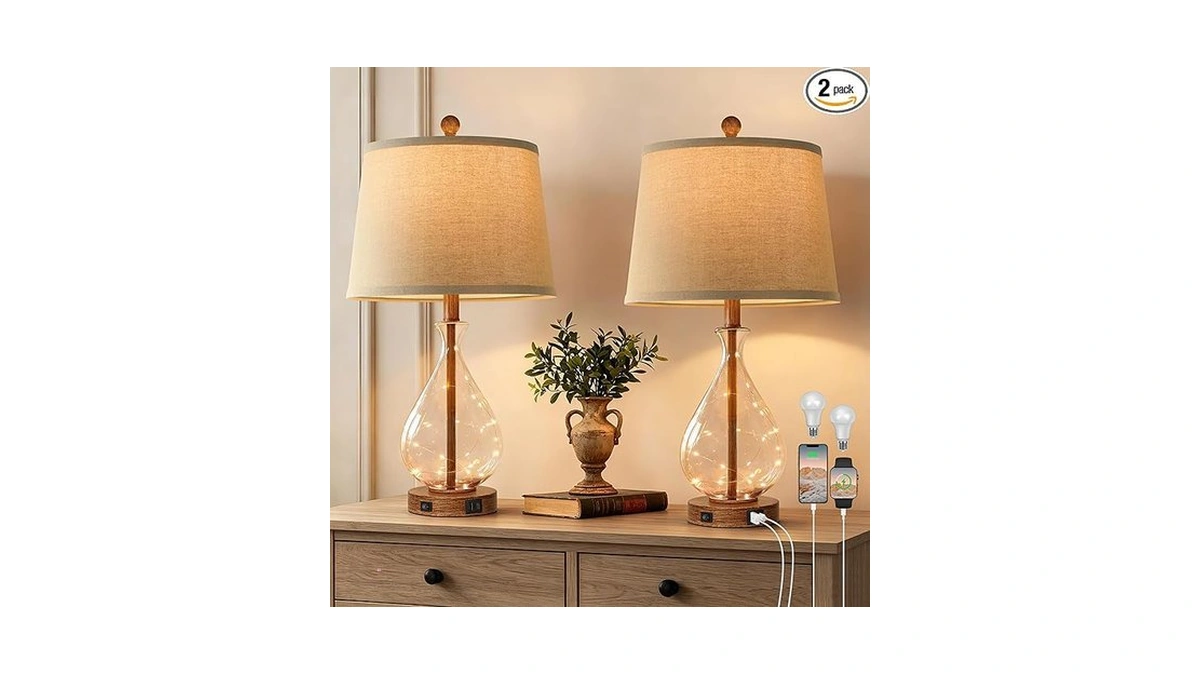 Qimh Farmhouse Table Lamps Set Of 2 With Night Light,