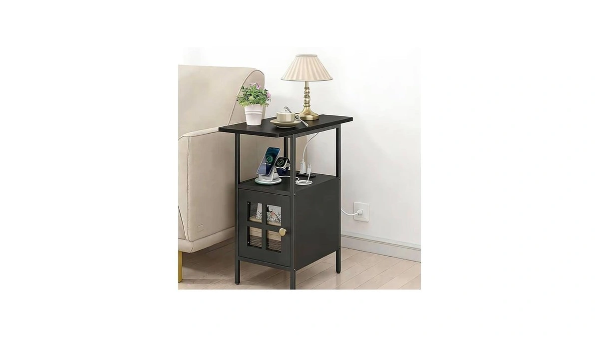 Farmhouse Narrow Side Table With Charging Station - 3-tier End