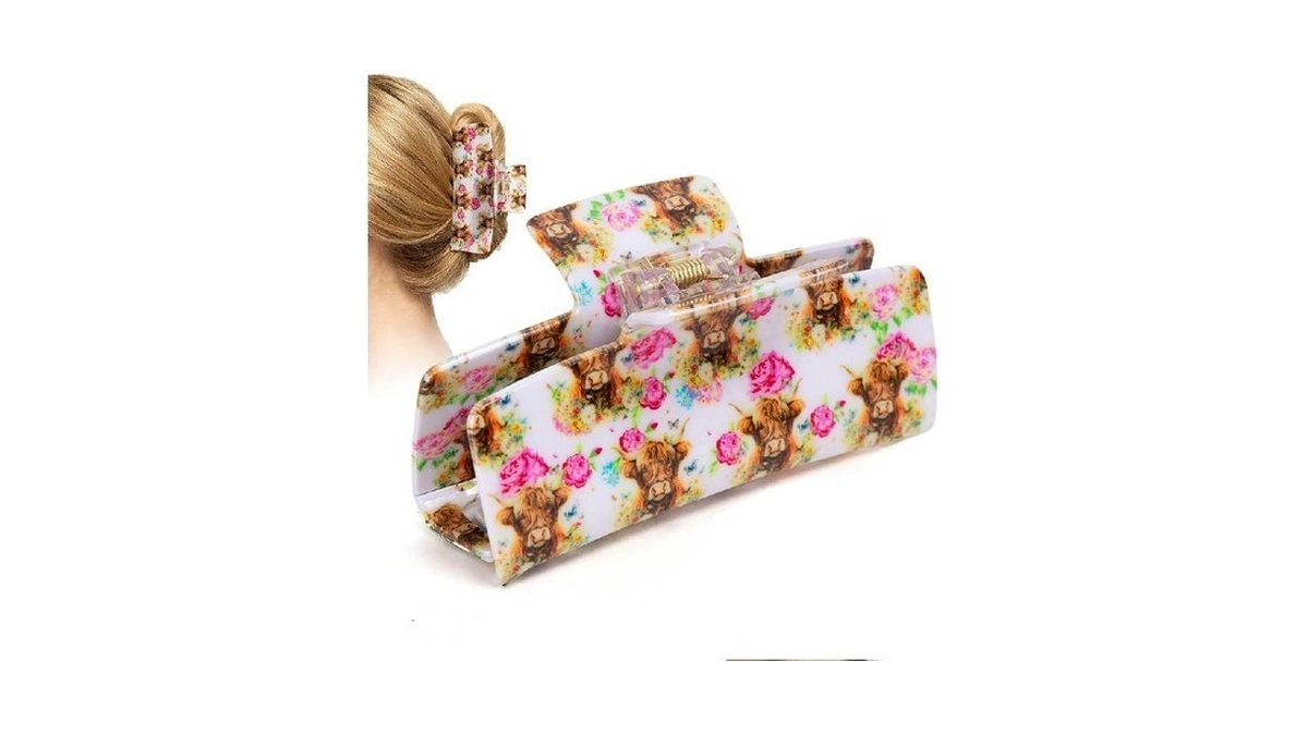 Medium Hair Claw Clip For Women, Highland Cow Floral Print