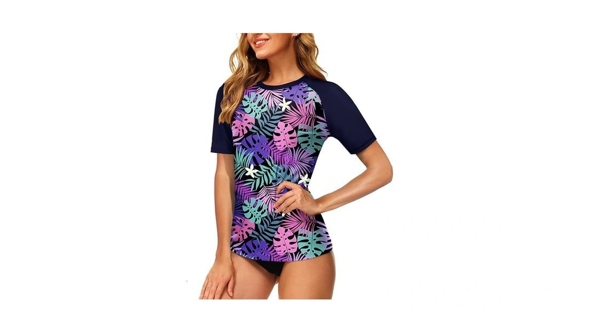 Women's Short Sleeve Swim Shirt Tropical Rash Guard Sun Protection