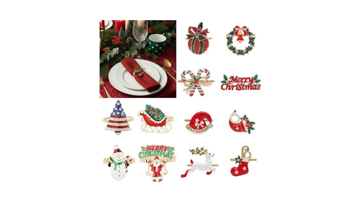 Joiverie Christmas Napkin Rings Set Of 12, Gold Metal Napkins