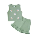 Kislio Toddler Baby Girl Outfits Floral Summer Clothes Waffle Sleeveless