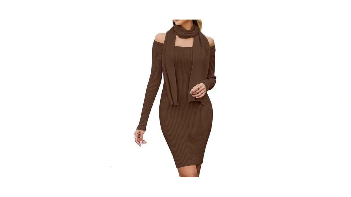 Blooming Jelly Womens Off Shoulder Sweater Dress Scarf Long Sleeve