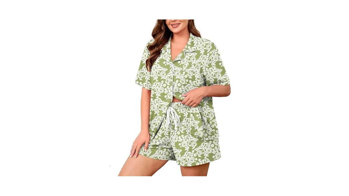 Auslook Plus Size Printed Pajama Set For Women Short Sleeve