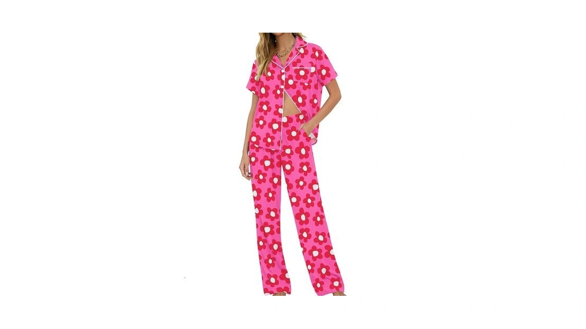 Swomog Women Pajama Sets Two-piece Nightwear Short Sleeve Sleepwear Button