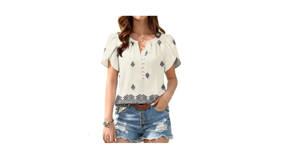 Gunest Boho Short Sleeve Blouses For Women Summer Casual V