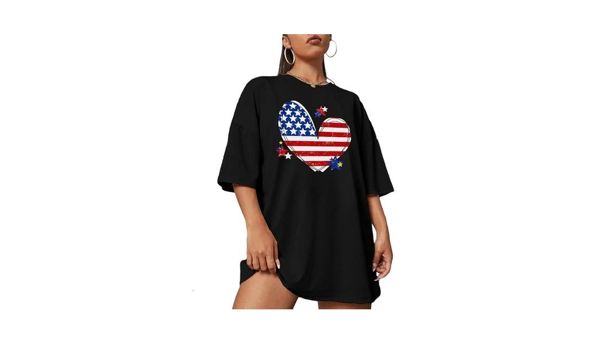 Qaun American Flag Heart Shirt: Women Patriotic T-shirt Oversized 4th
